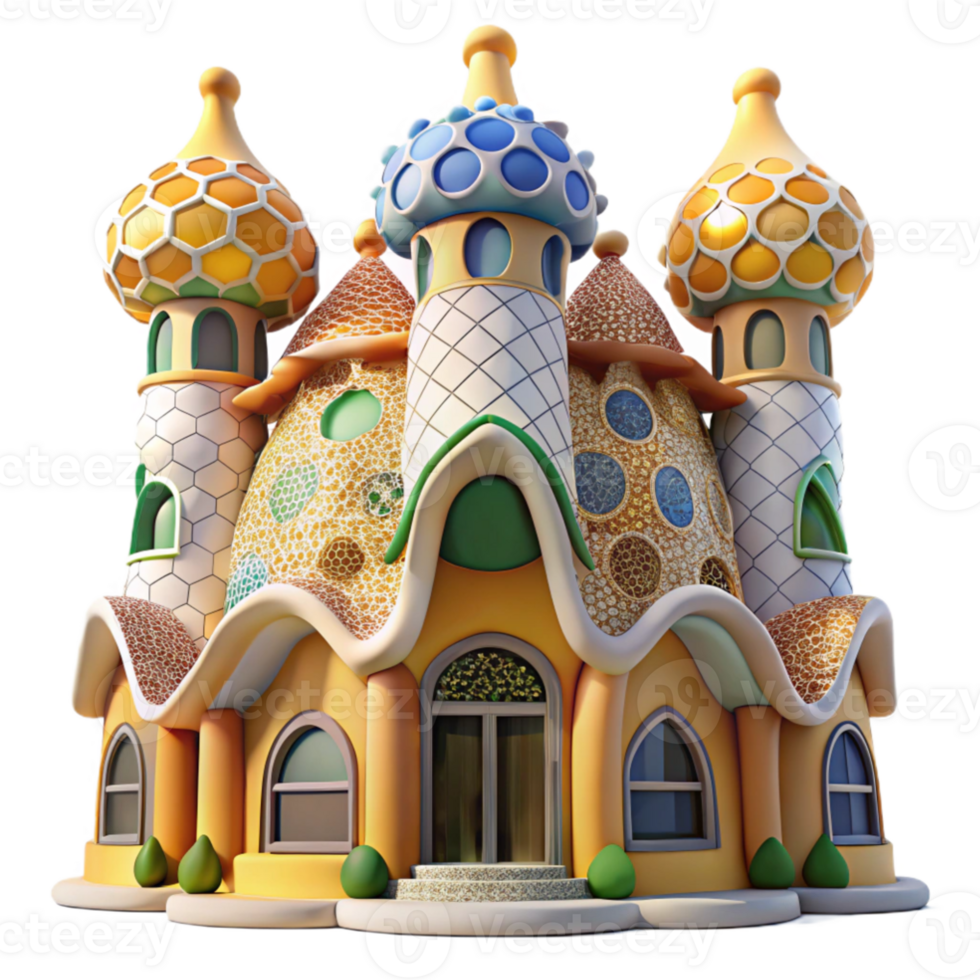 wonderful traditional A Gaudi inspired organic building, vibrant mosaic tiles, bright sunlight, whimsical, art nouveau style, high resolution png