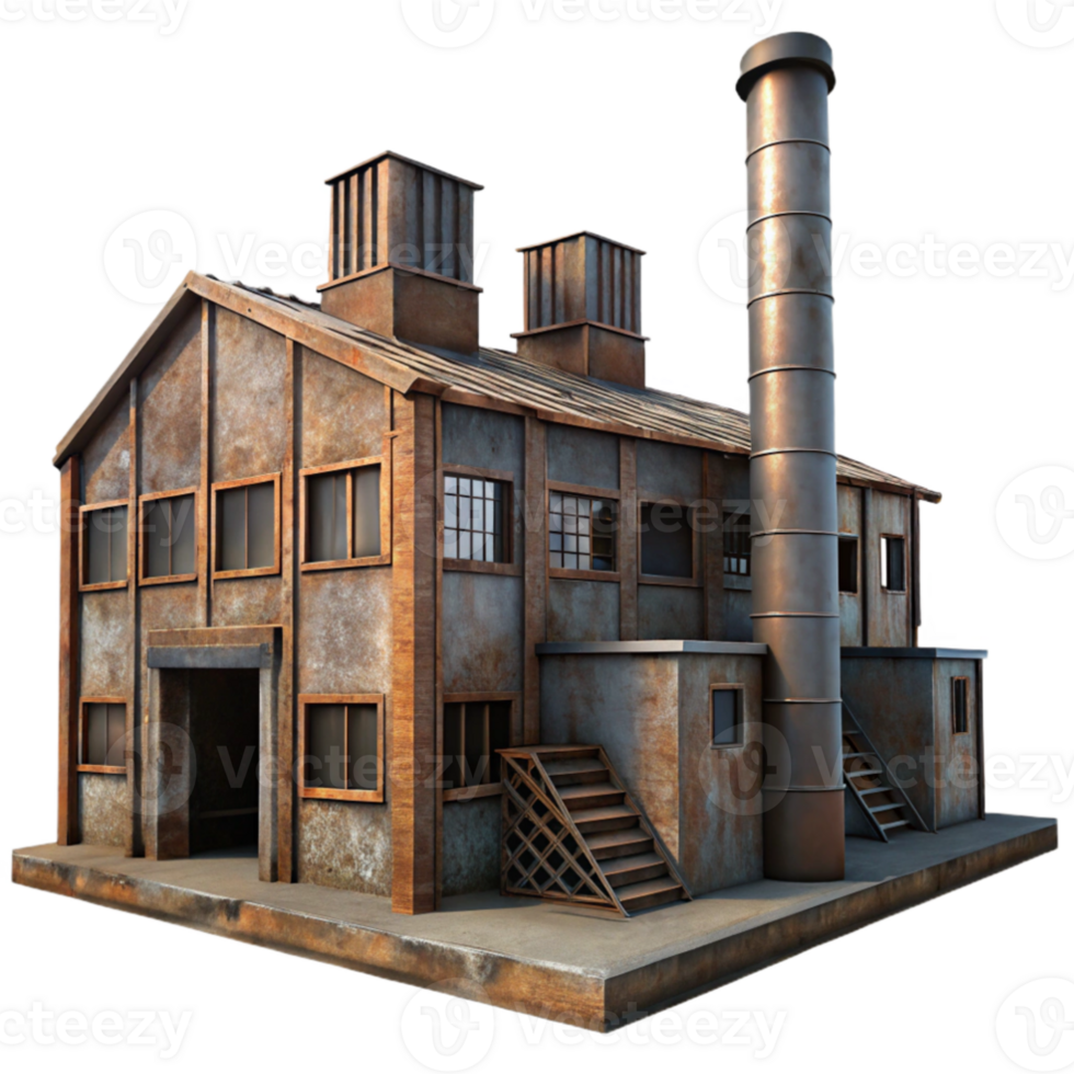 extraordinary creative An abandoned industrial factory, rusty metal and broken windows, dim light filtering through dust, gritty, photorealistic, high resolution png