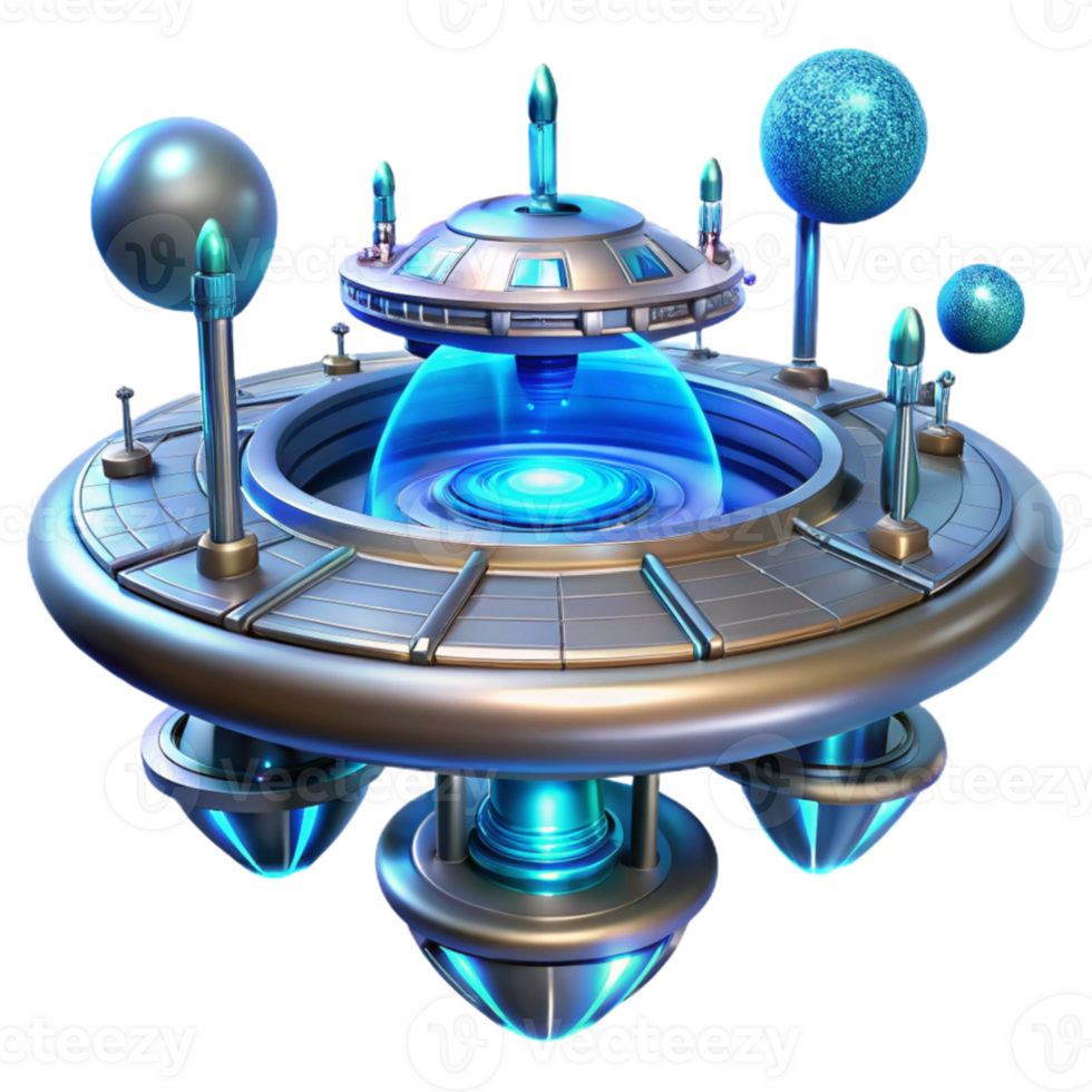 beautiful creative A futuristic space station with sleek metallic surfaces and glowing blue energy fields, orbiting a vibrant nebula, sci fi, digital painting, high quality png