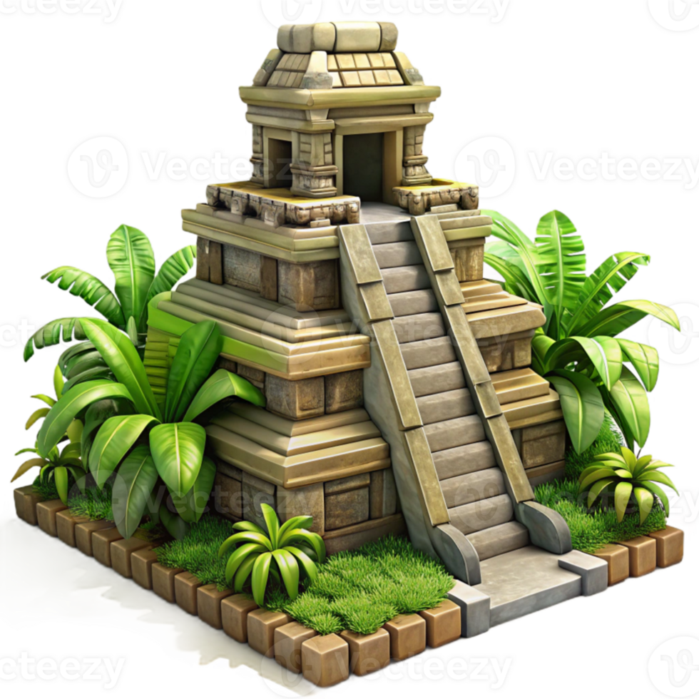 elegant rustic An ancient Mayan temple, intricate carvings, overgrown with jungle foliage, dappled sunlight, historical, realistic, genuine png