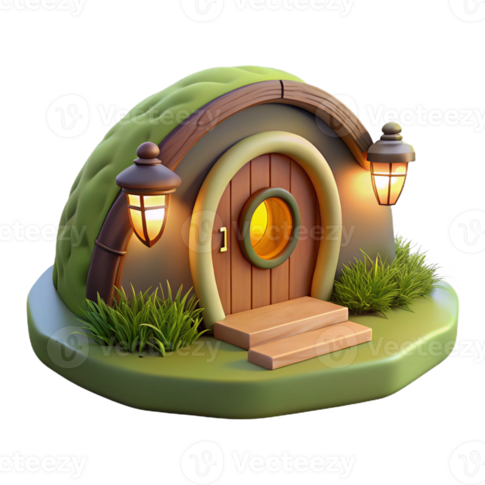 vibrant abstract A hobbit hole built into the side of a grassy hill, warm inviting light from within, whimsical, storybook illustration, high quality png