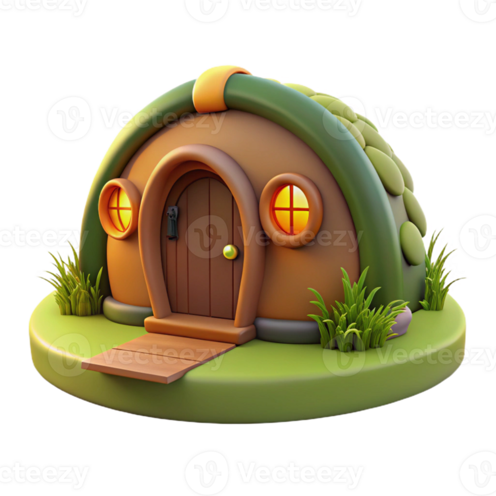 vibrant creative A hobbit hole built into the side of a grassy hill, warm inviting light from within, whimsical, storybook illustration, authentic png