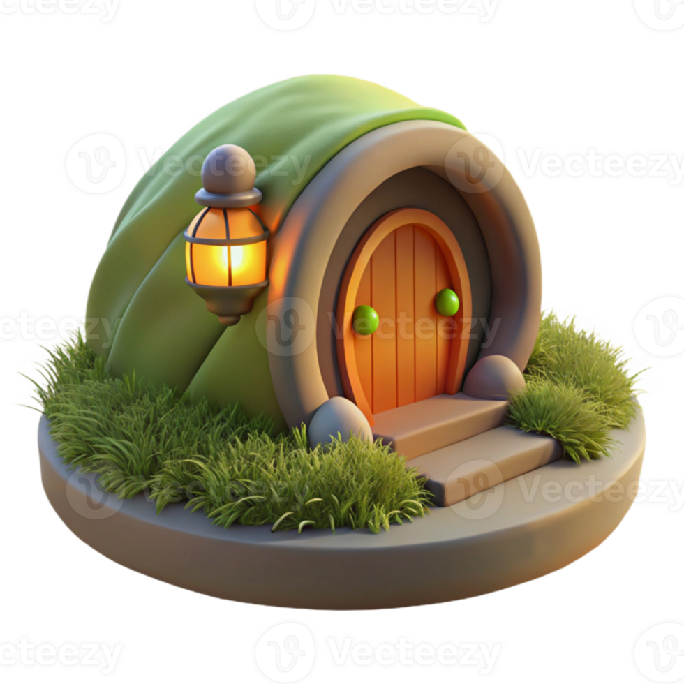 wonderful rustic A hobbit hole built into the side of a grassy hill, warm inviting light from within, whimsical, storybook illustration, professional png