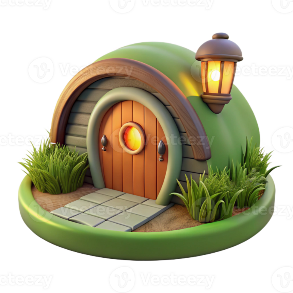 magnificent minimalist A hobbit hole built into the side of a grassy hill, warm inviting light from within, whimsical, storybook illustration, high quality png