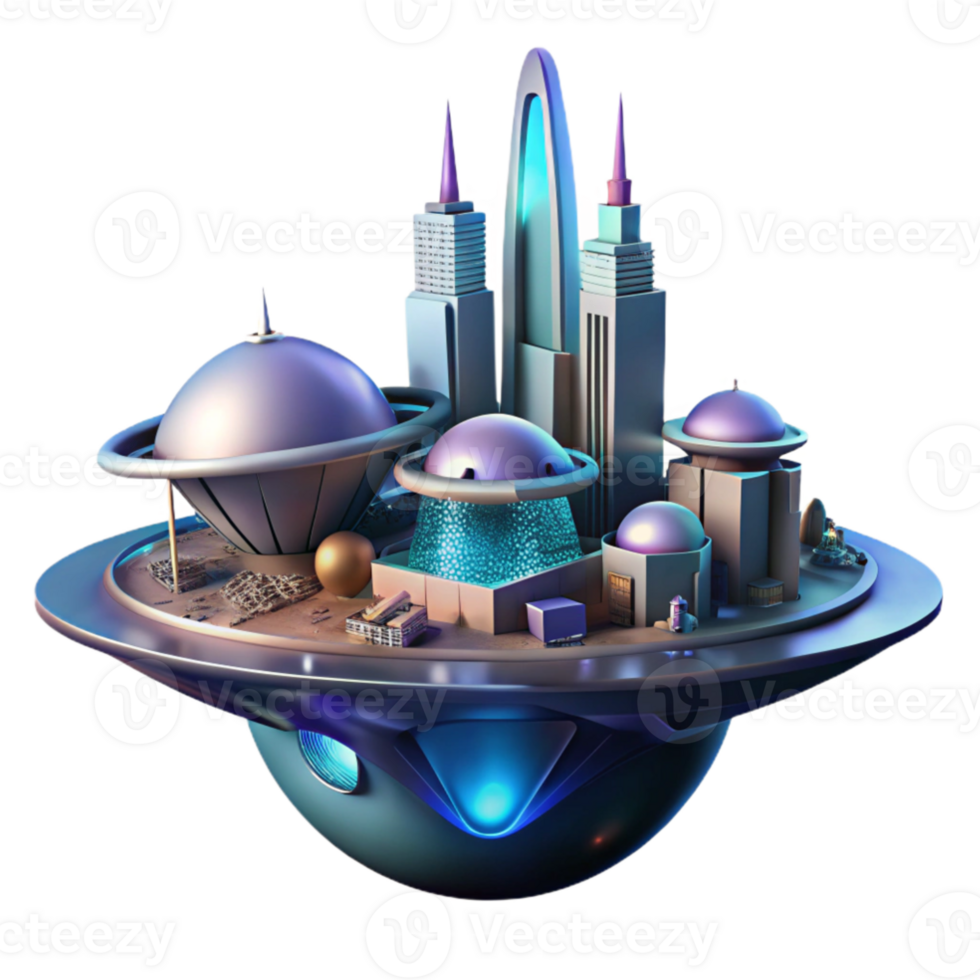 elegant modern A futuristic flying city with sleek aerodynamic designs, illuminated by the glow of a nearby planet, sci fi, cinematic lighting, genuine png