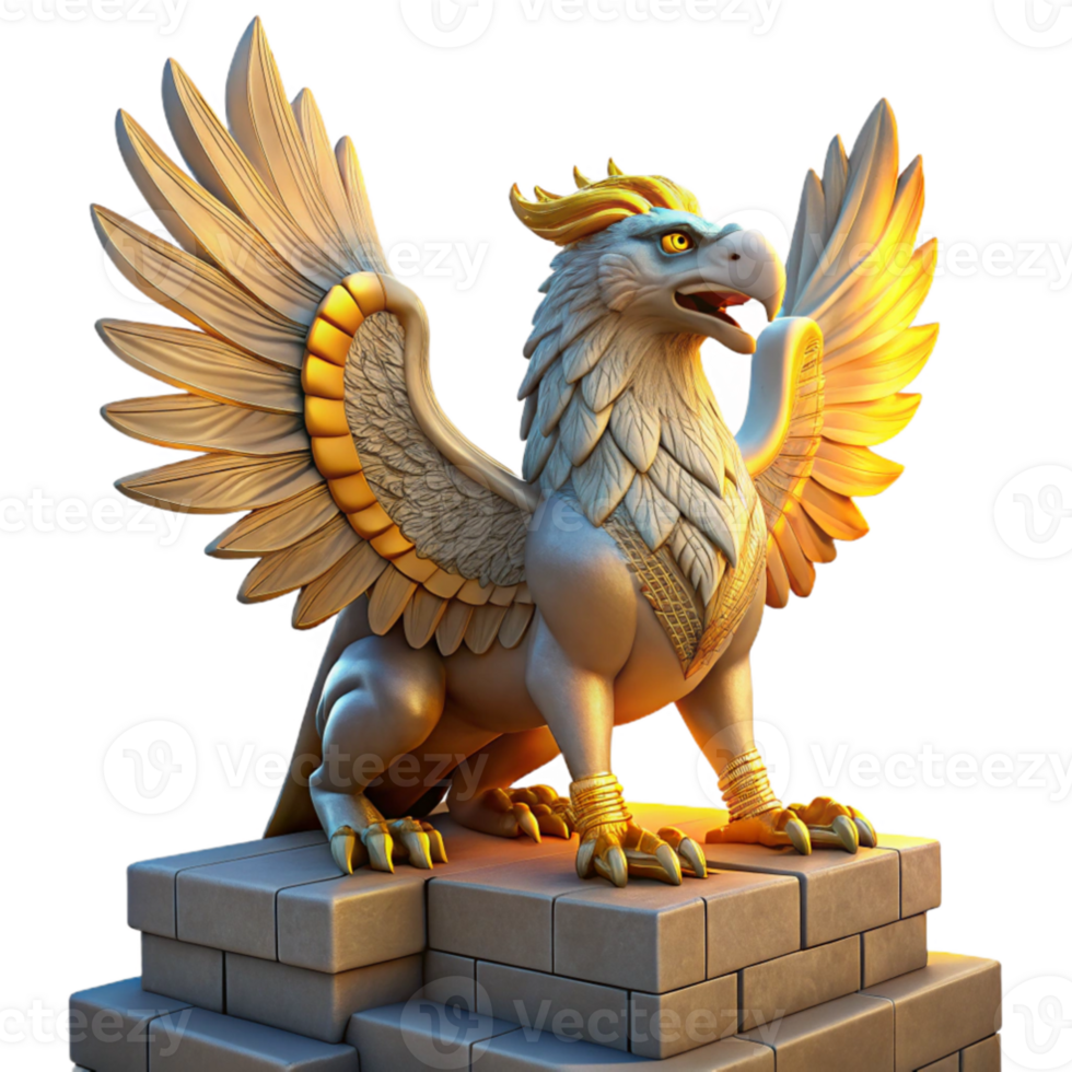 stunning abstract A majestic griffin with iridescent feathers perched atop a crumbling ziggurat bathed in the golden light of a setting sun, intricate carvings visible on the stone, art nouveau... png
