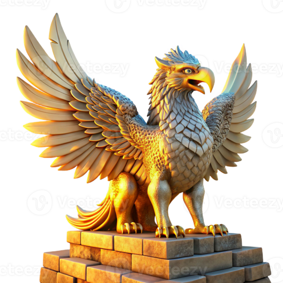 dramatic minimalist A majestic griffin with iridescent feathers perched atop a crumbling ziggurat bathed in the golden light of a setting sun, intricate carvings visible on the stone, art nouveau... png