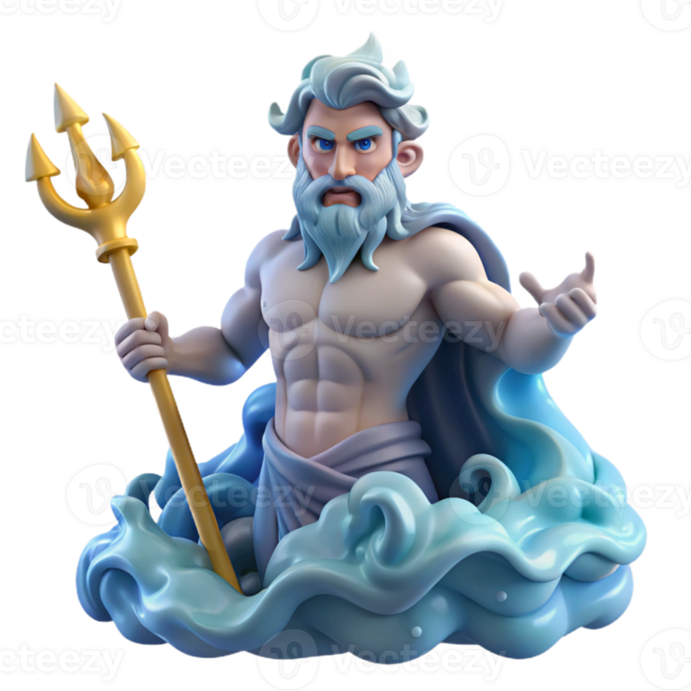 serene rustic Poseidon, God of the Sea, rising from a tempestuous ocean, trident in hand, lightning illuminating his furious face, baroque style high quality png
