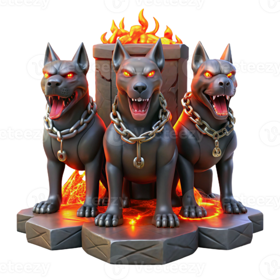 beautiful vintage A three headed Cerberus guarding the gates of the underworld, chains of glowing embers binding it, ominous red lighting, dramatic realism premium png