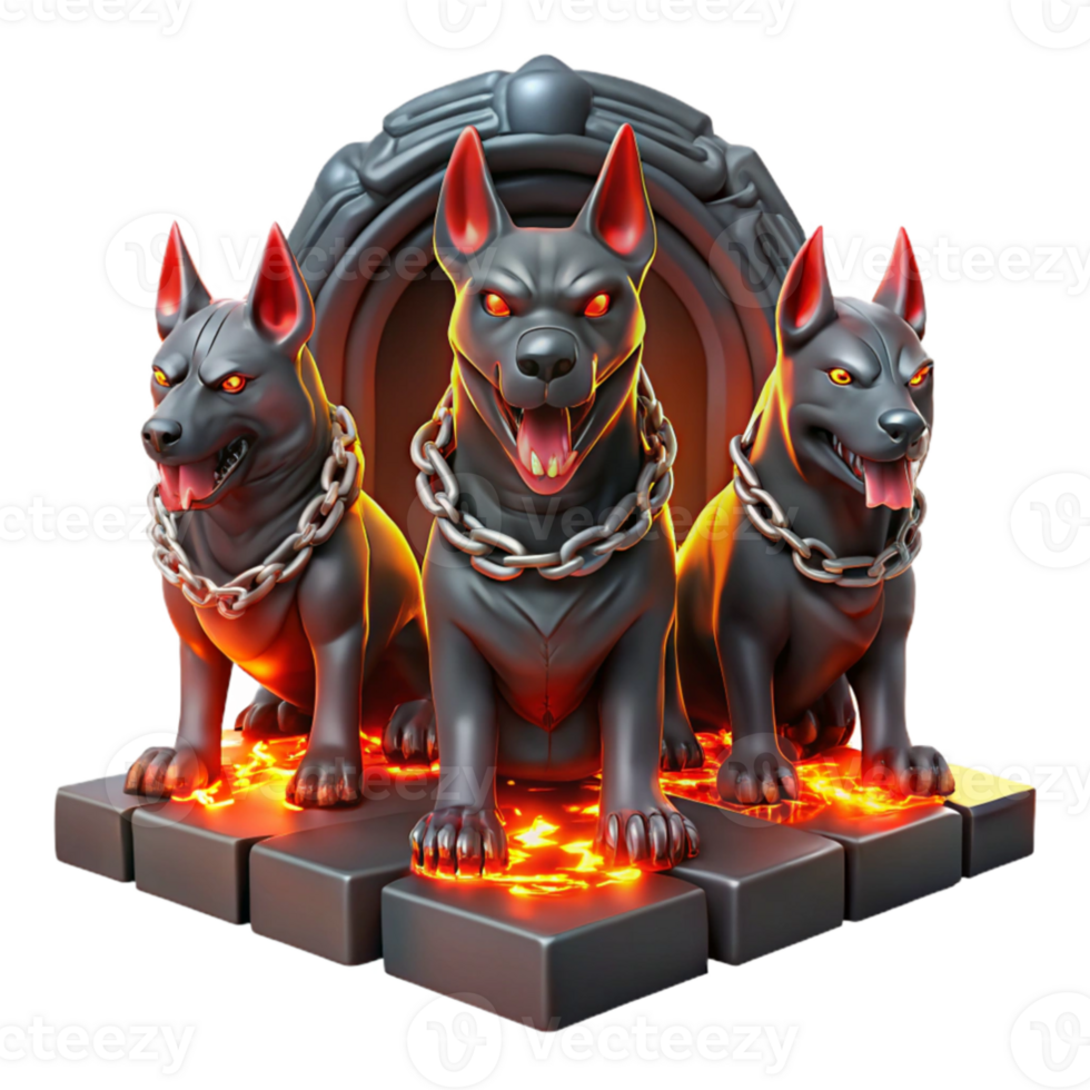 stunning creative A three headed Cerberus guarding the gates of the underworld, chains of glowing embers binding it, ominous red lighting, dramatic realism exclusive png