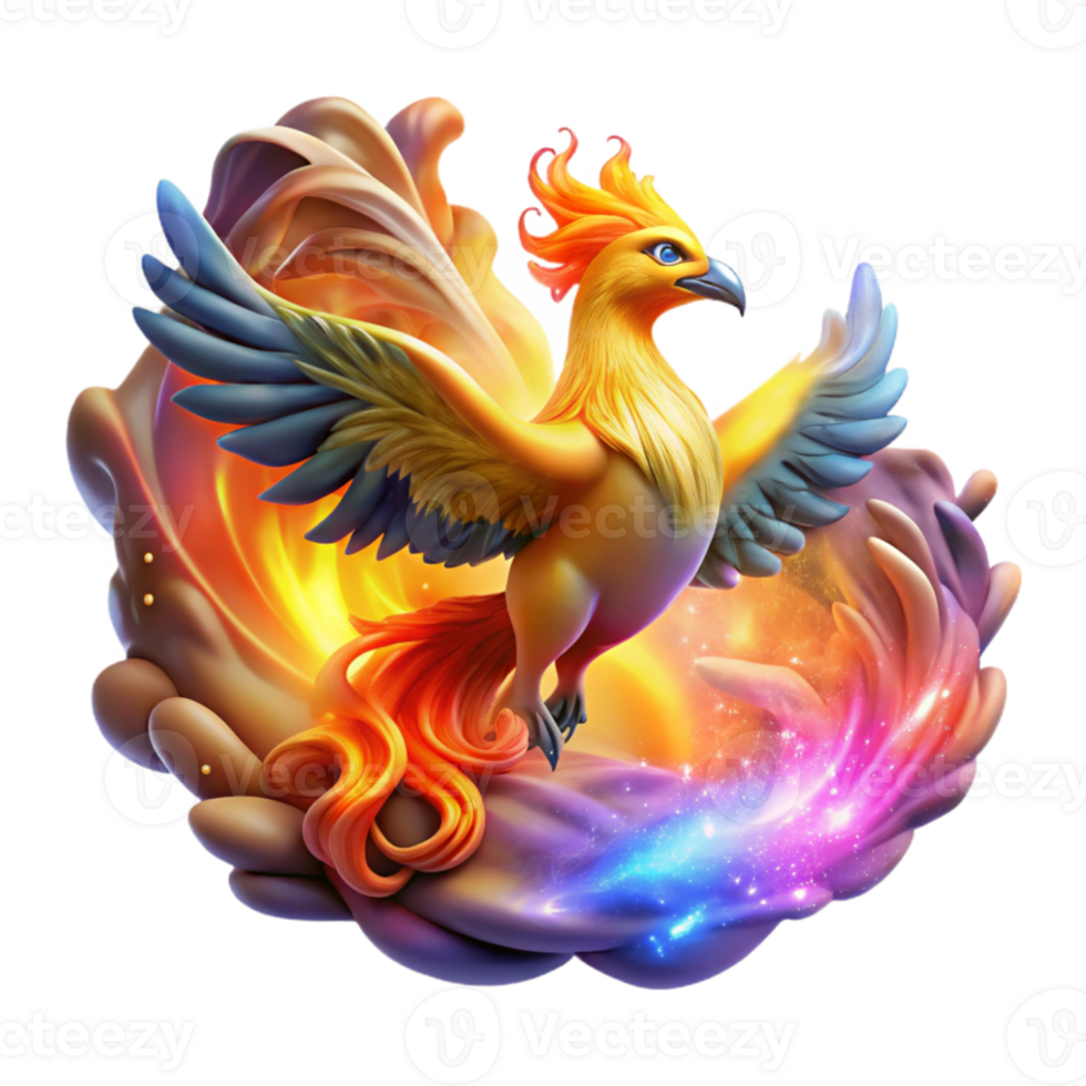 stunning artistic A majestic phoenix rising from its ashes amidst a swirling nebula of vibrant colors, cosmic lighting, art deco style professional png