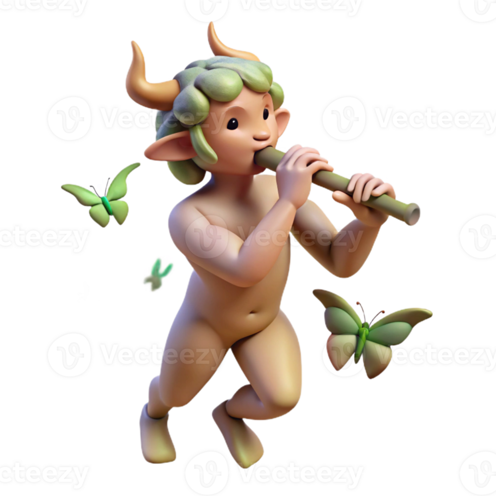 stunning traditional A satyr playing a flute in a sun drenched forest glade, butterflies fluttering around him, impressionist style premium png