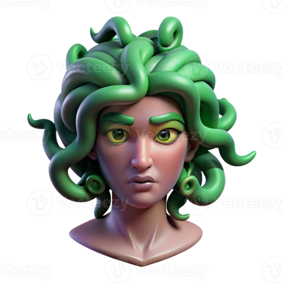 vibrant contemporary Medusa, with snakes for hair and eyes of emerald green, turning a warrior to stone, dark and moody lighting, surrealism style 4K png