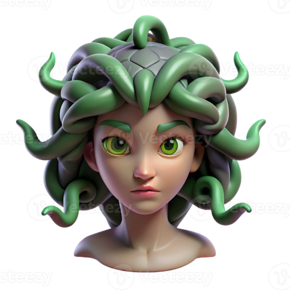 magnificent creative Medusa, with snakes for hair and eyes of emerald green, turning a warrior to stone, dark and moody lighting, surrealism style high resolution png