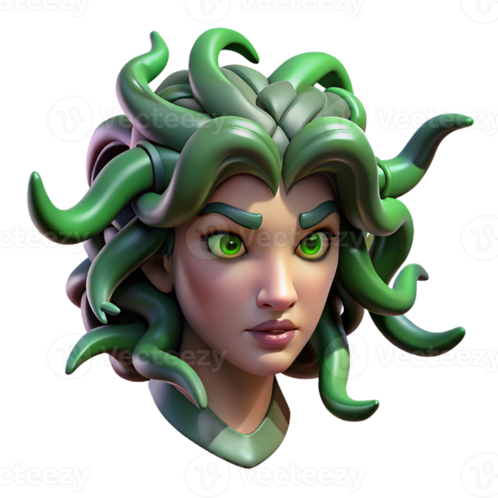 magnificent creative Medusa, with snakes for hair and eyes of emerald green, turning a warrior to stone, dark and moody lighting, surrealism style detailed png