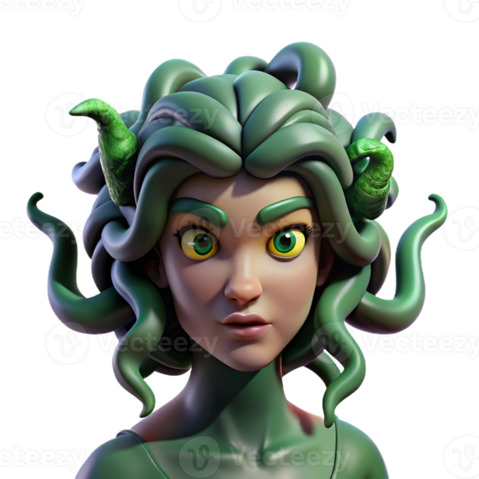 elegant minimalist Medusa, with snakes for hair and eyes of emerald green, turning a warrior to stone, dark and moody lighting, surrealism style high resolution png
