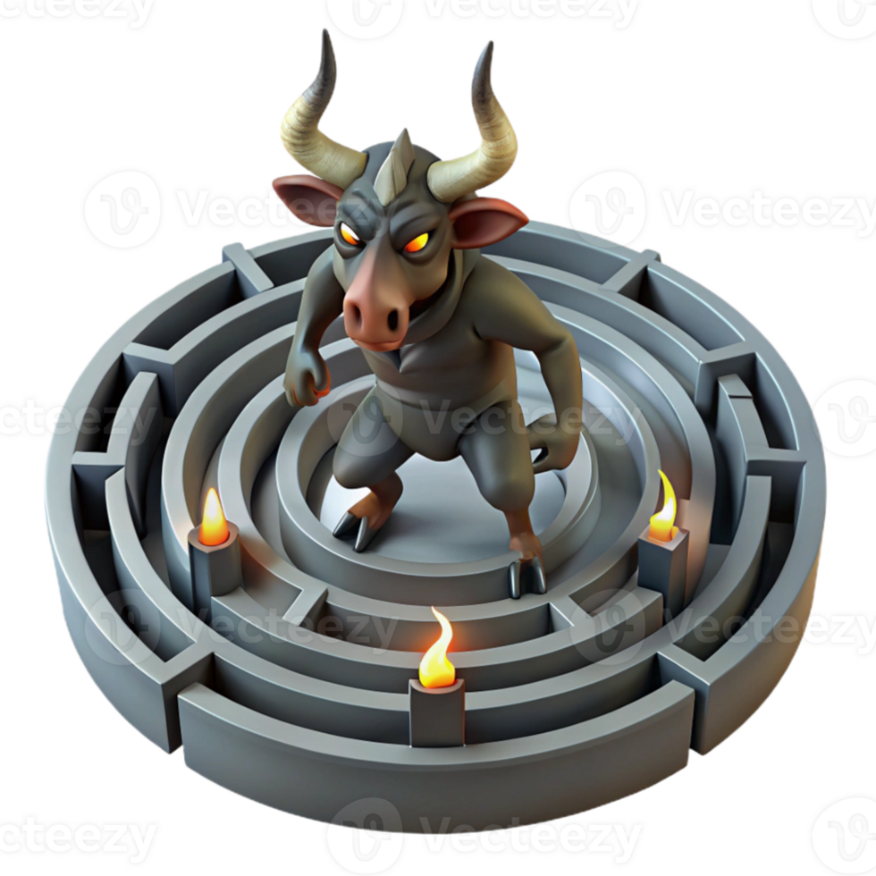 beautiful classic The Minotaur trapped within the labyrinth, intricate shadows cast by flickering torches, gothic style detailed png