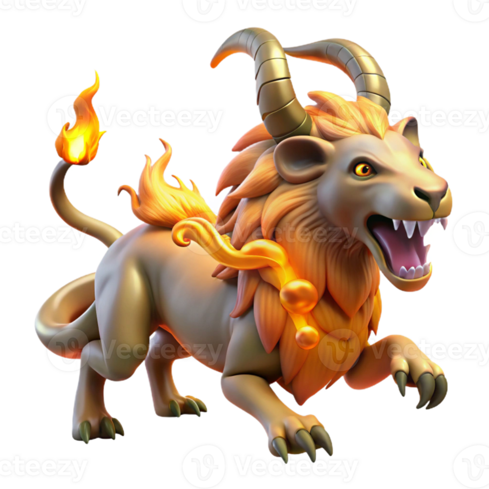 dramatic minimalist A chimera breathing fire, its lion, goat, and serpent parts seamlessly blended, vibrant and dynamic lighting, fantasy art style 4K png