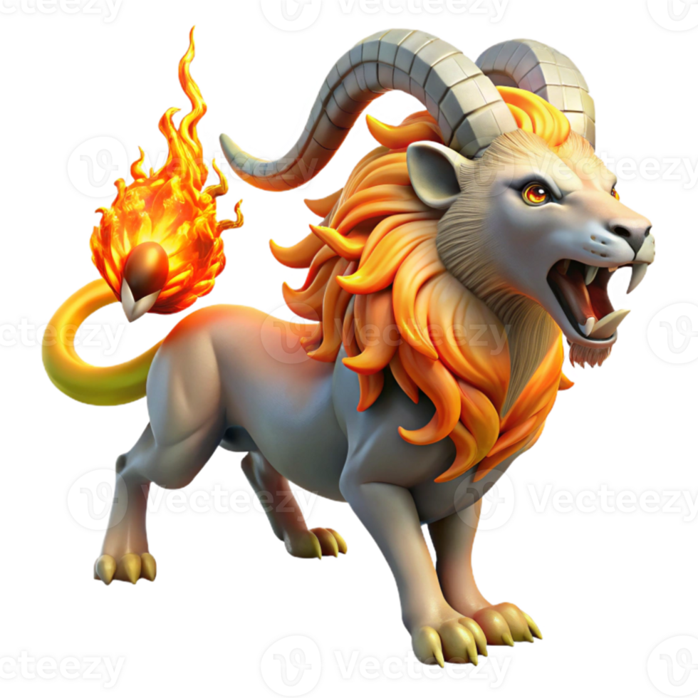 elegant contemporary A chimera breathing fire, its lion, goat, and serpent parts seamlessly blended, vibrant and dynamic lighting, fantasy art style genuine png