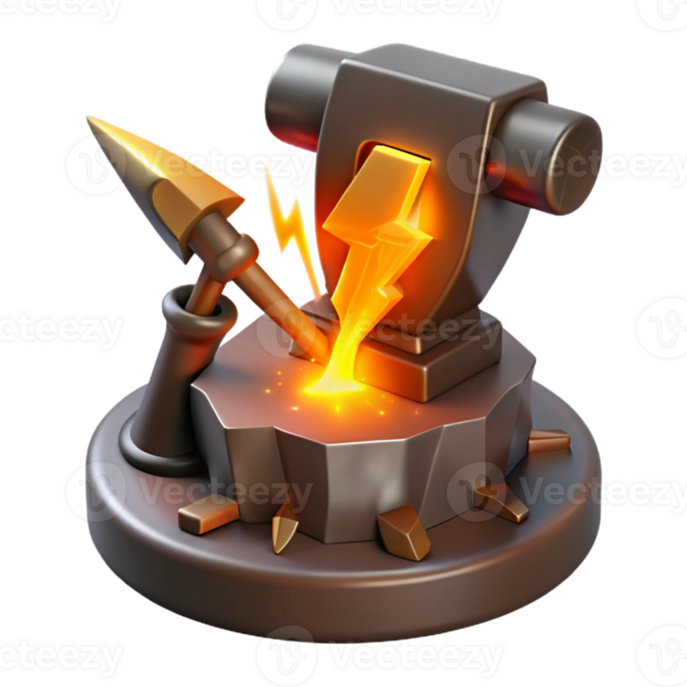 magnificent rustic A cyclops forging a lightning bolt in his volcanic forge, intense orange and red lighting, realistic style professional png