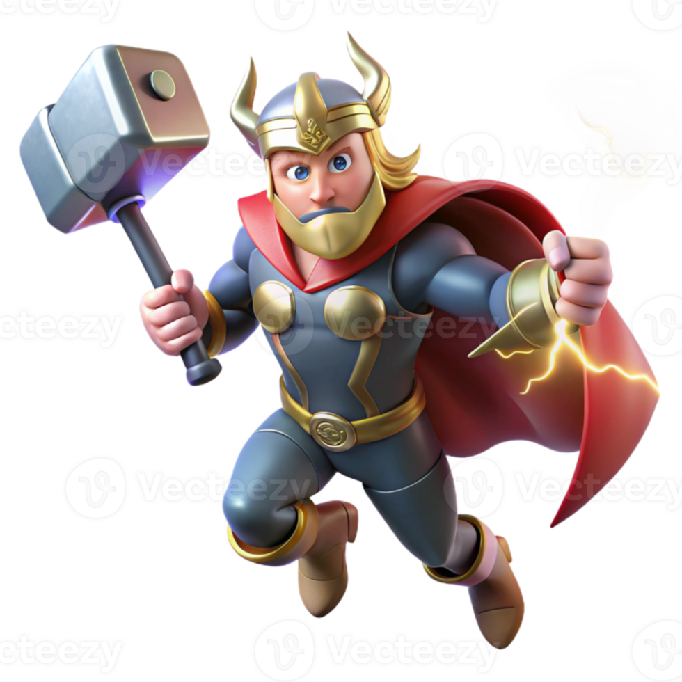 extraordinary classic Thor wielding Mjolnir, lightning crackling around him, dramatic and dynamic lighting, comic book style exclusive png
