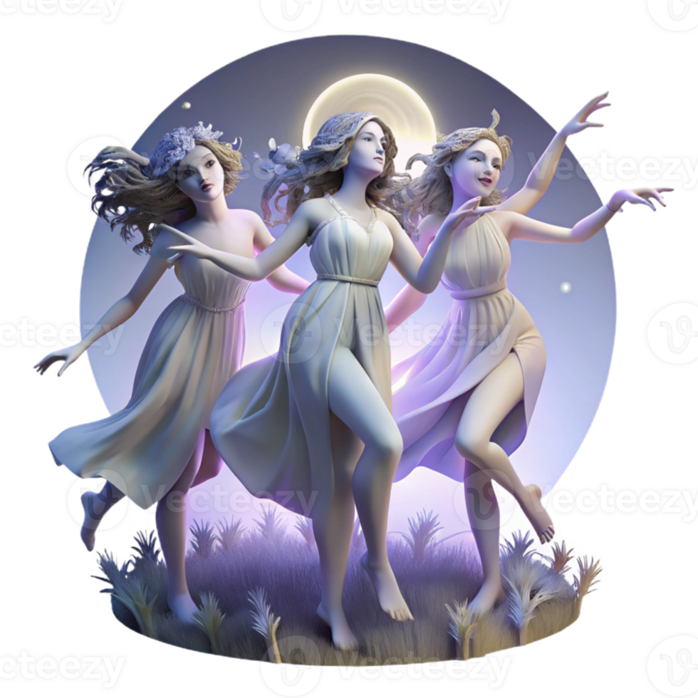 wonderful artistic A group of nymphs dancing in a moonlit clearing, soft and ethereal lighting, pre Raphaelite style high quality png