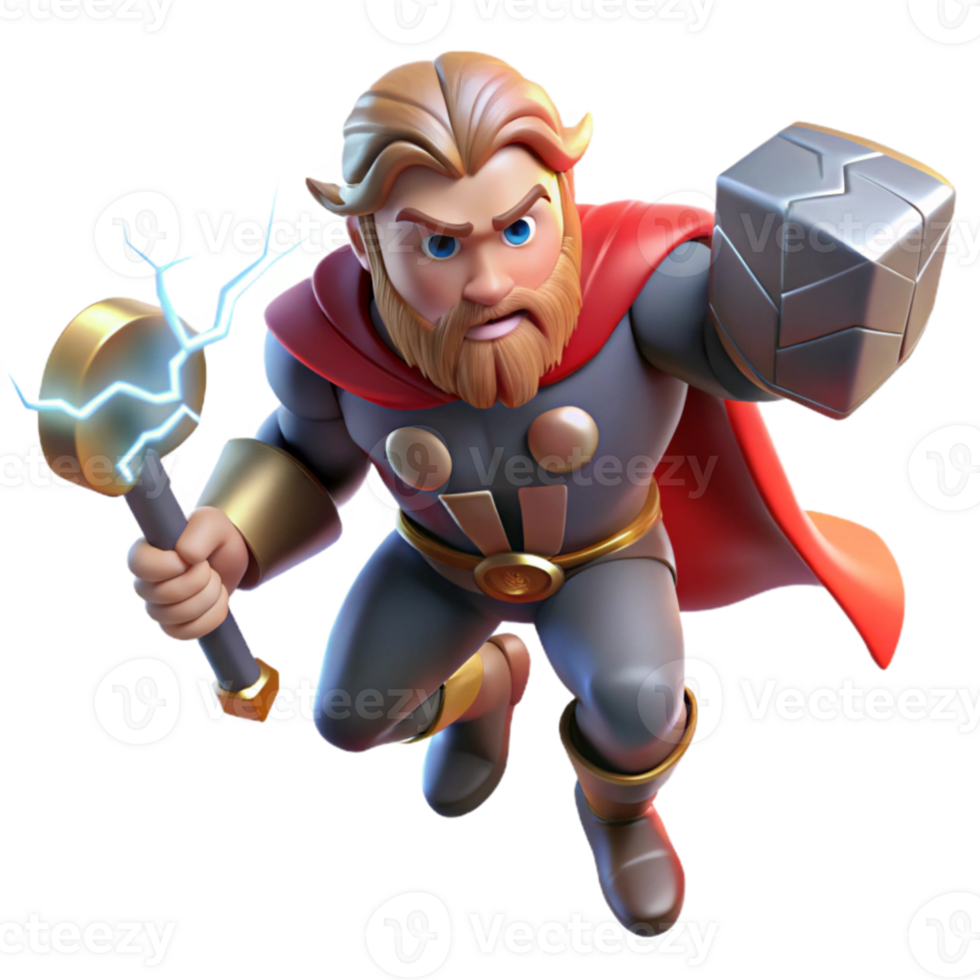 vibrant minimalist Thor wielding Mjolnir, lightning crackling around him, dramatic and dynamic lighting, comic book style original png