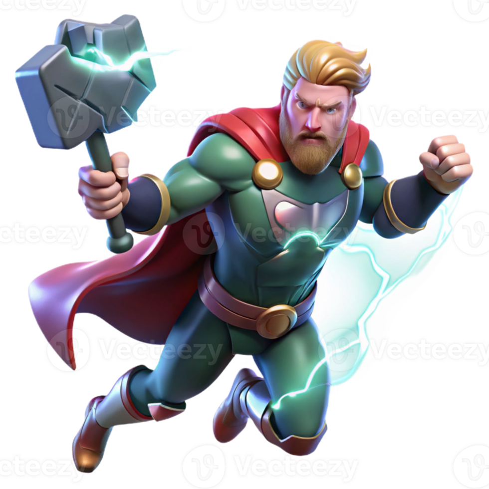 vibrant rustic Thor wielding Mjolnir, lightning crackling around him, dramatic and dynamic lighting, comic book style genuine png