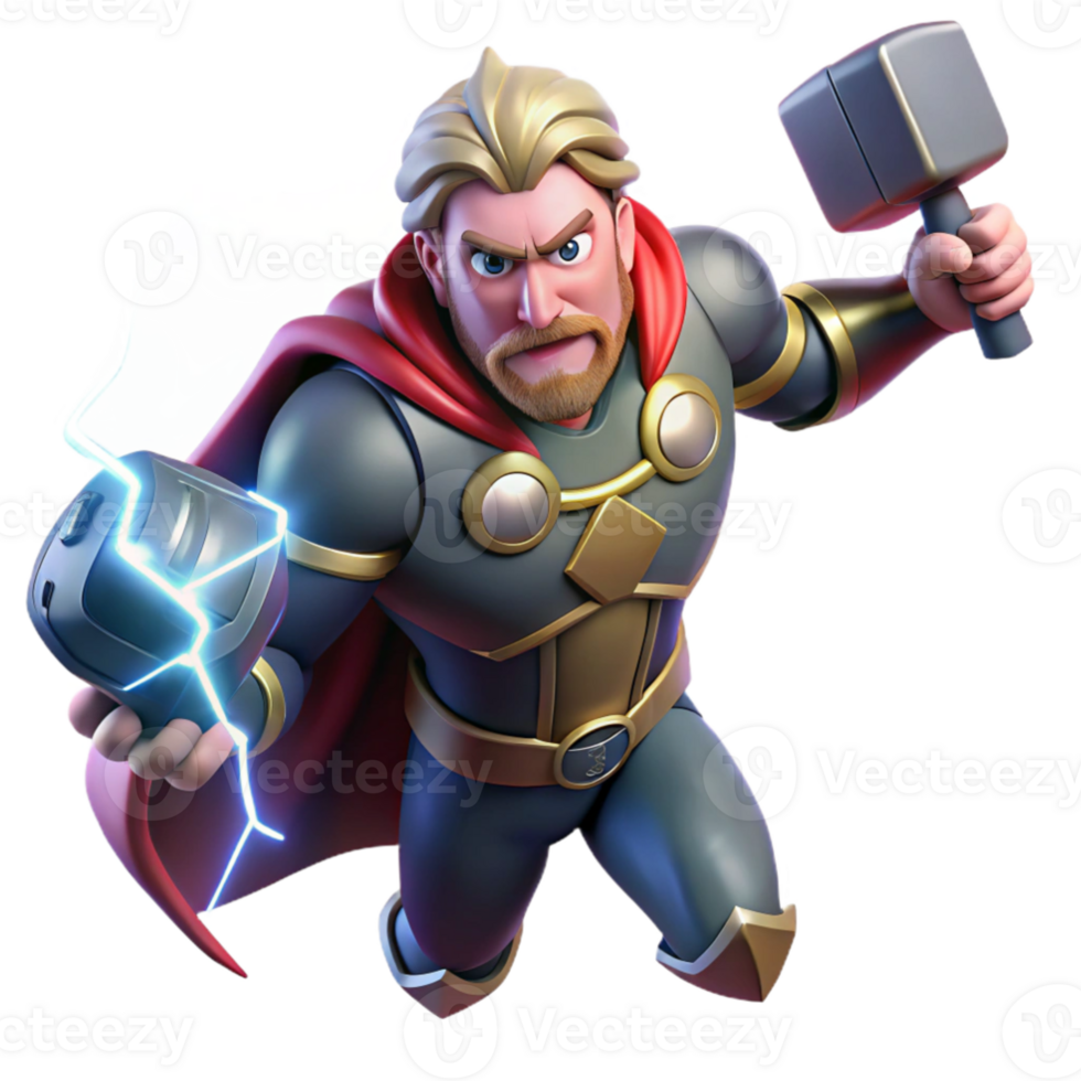 serene classic Thor wielding Mjolnir, lightning crackling around him, dramatic and dynamic lighting, comic book style detailed png