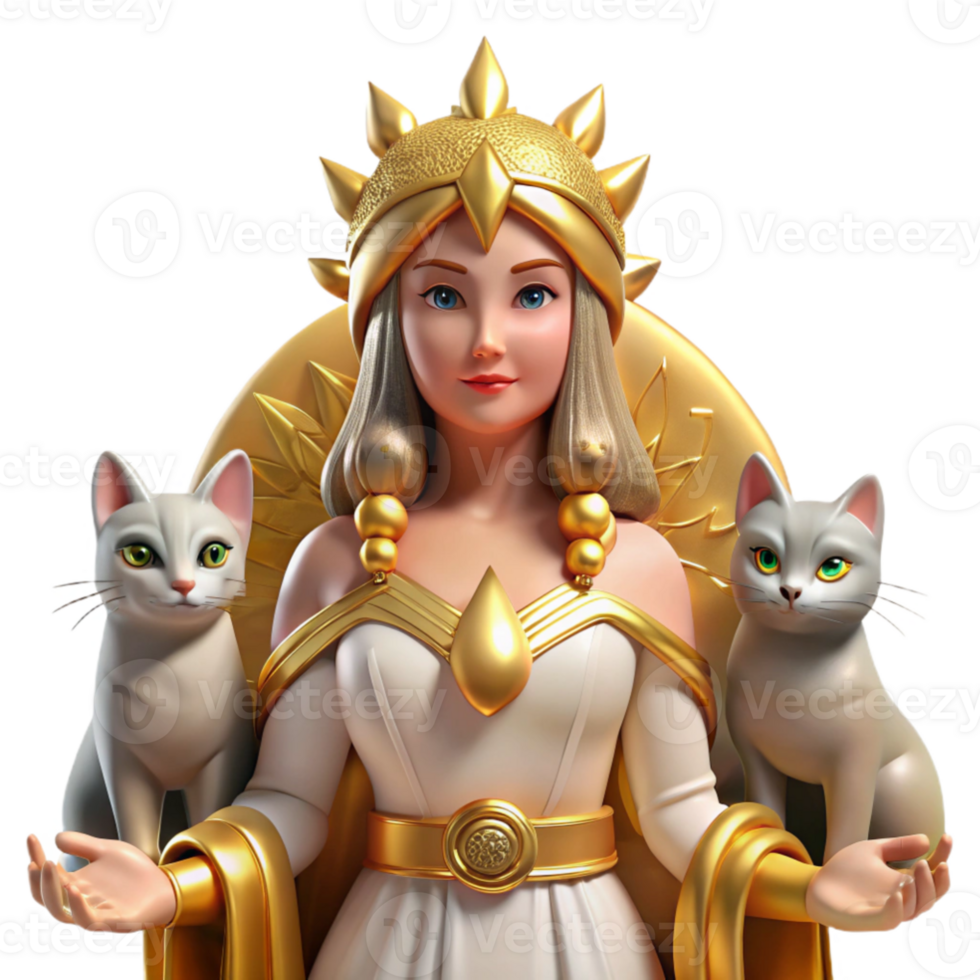 serene classic Freyja, Norse goddess of love and beauty, adorned with golden jewelry and flanked by two cats, warm and inviting lighting, Art Deco style original png