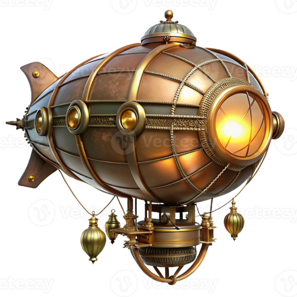 wonderful creative A majestic steampunk airship, brass and copper, intricate clockwork gears exposed, lit by warm, flickering gaslight, highly detailed, cinematic lighting high quality png