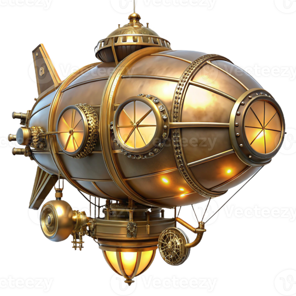 elegant contemporary A majestic steampunk airship, brass and copper, intricate clockwork gears exposed, lit by warm, flickering gaslight, highly detailed, cinematic lighting authentic png