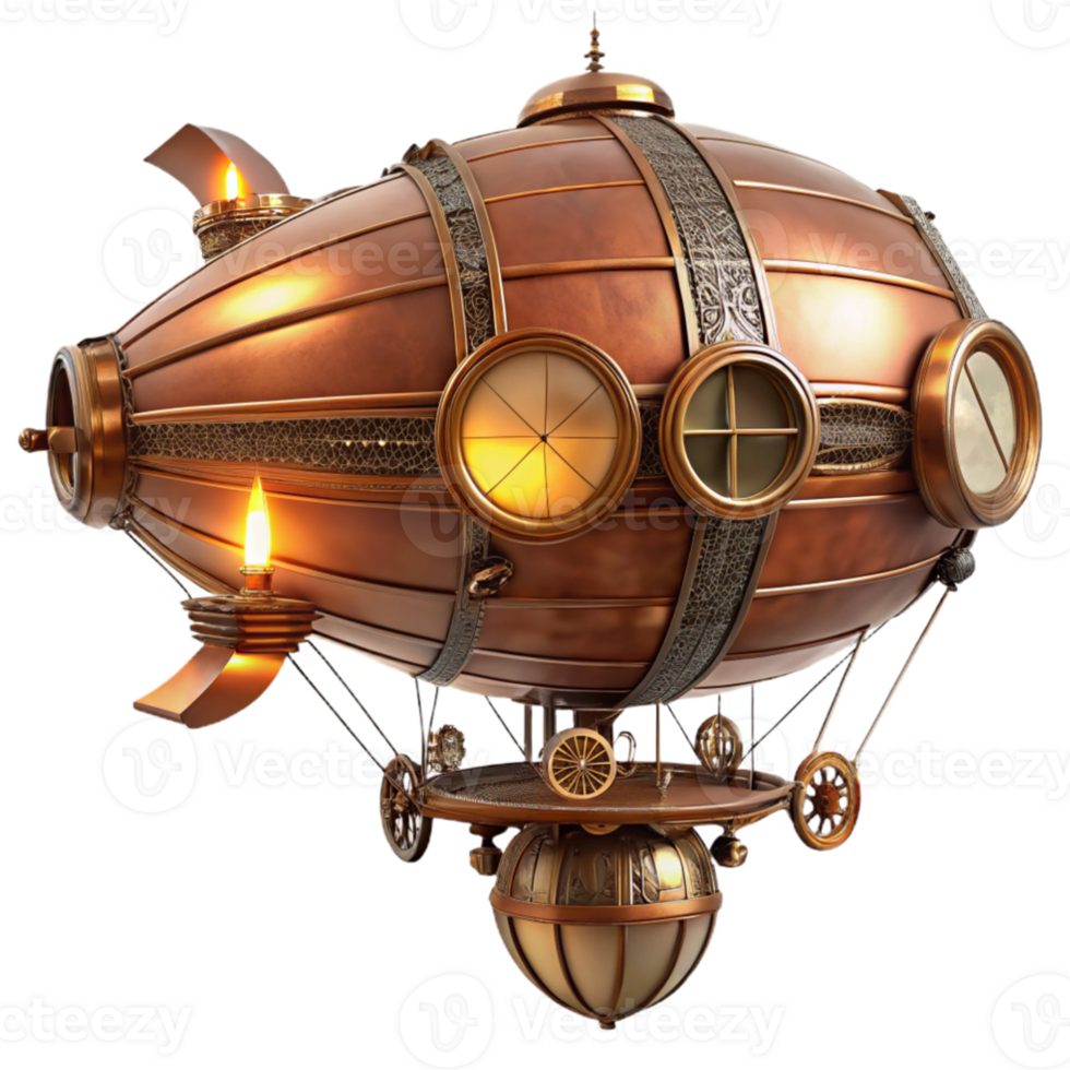 wonderful classic A majestic steampunk airship, brass and copper, intricate clockwork gears exposed, lit by warm, flickering gaslight, highly detailed, cinematic lighting high quality png