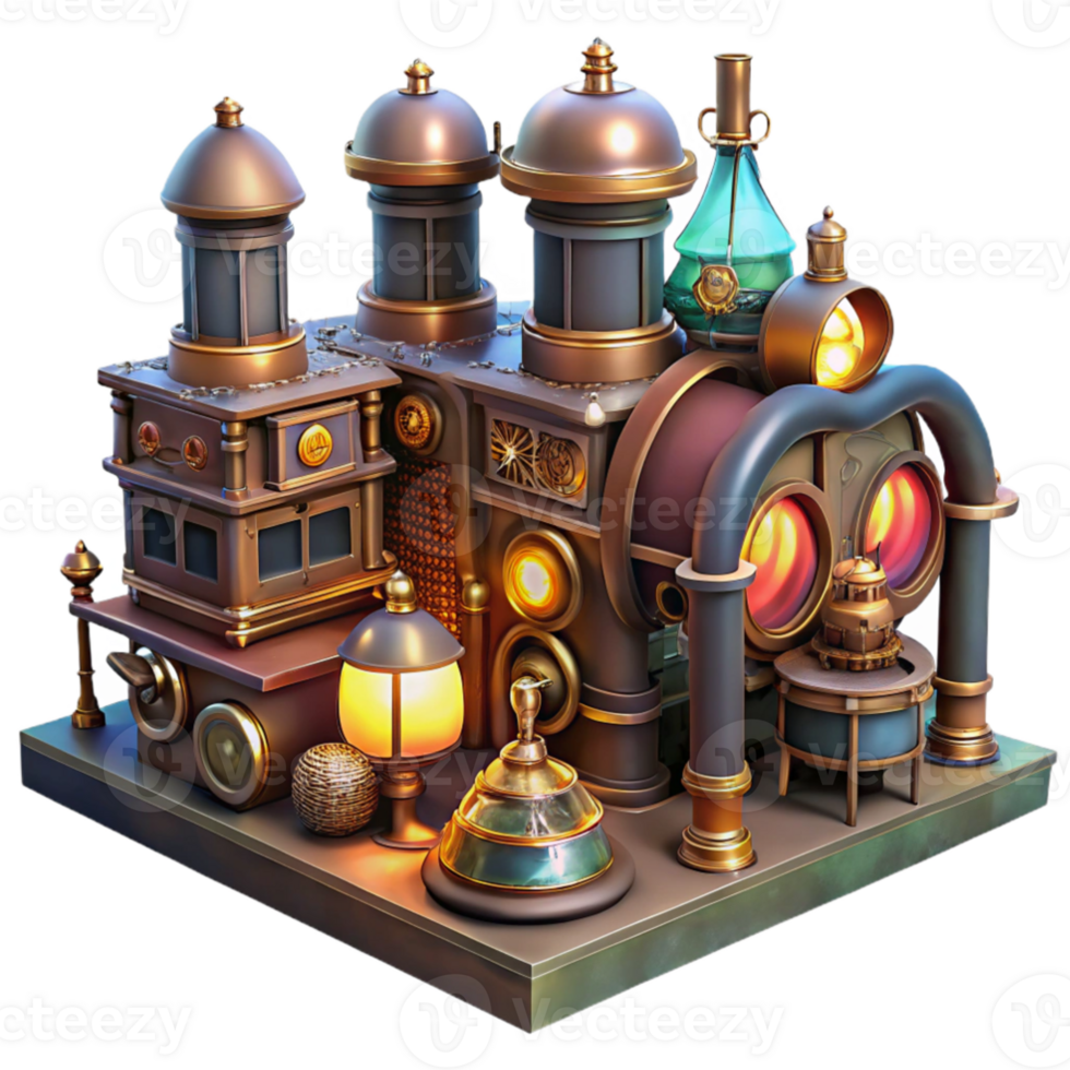 extraordinary artistic A bustling steampunk marketplace filled with intricate gadgets, brass pipes, and steam powered contraptions, illuminated by vibrant neon signs and gas lamps, highly... png