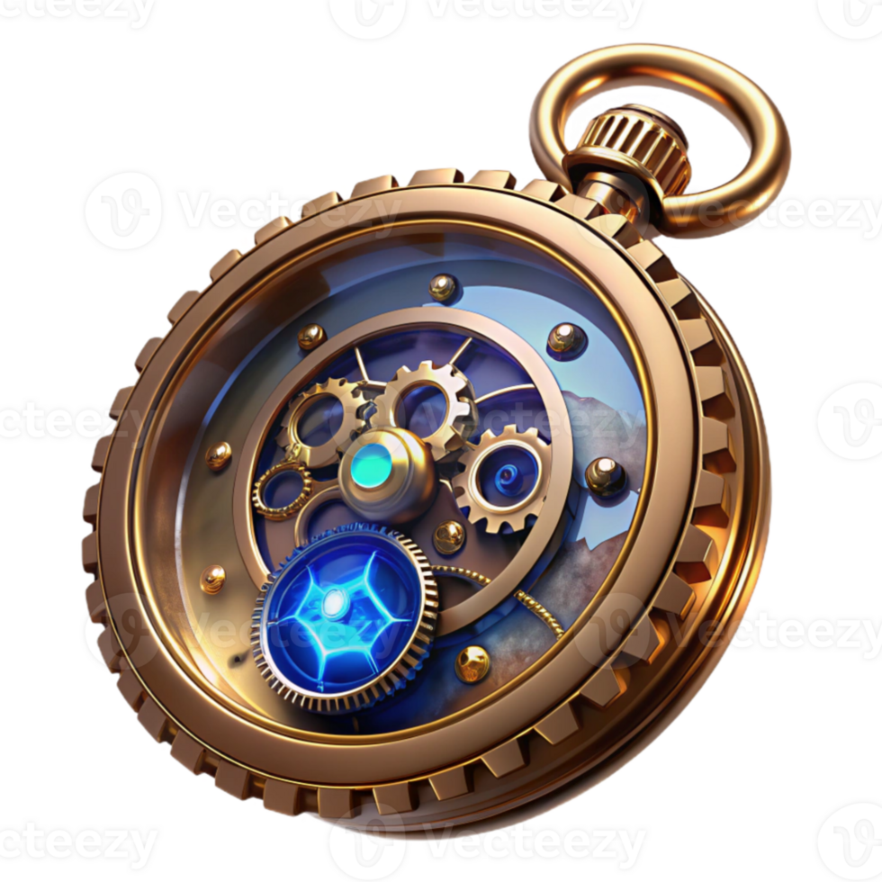 wonderful traditional A close up of a steampunk pocket watch, intricate gears and glowing crystals, highly detailed, macro photography style, soft lighting 4K png