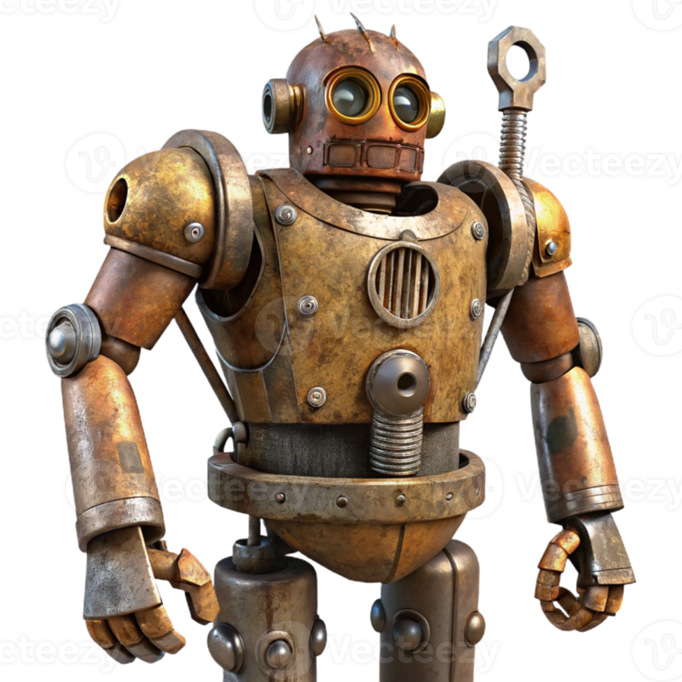 impressive classic A colossal steampunk robot, rusted metal and exposed wires, wielding a massive wrench, dramatic lighting, gritty and realistic style 4K png