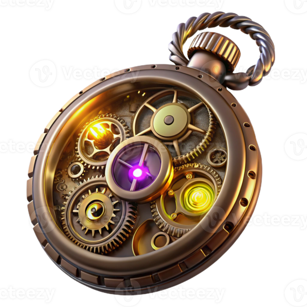 serene abstract A close up of a steampunk pocket watch, intricate gears and glowing crystals, highly detailed, macro photography style, soft lighting authentic png