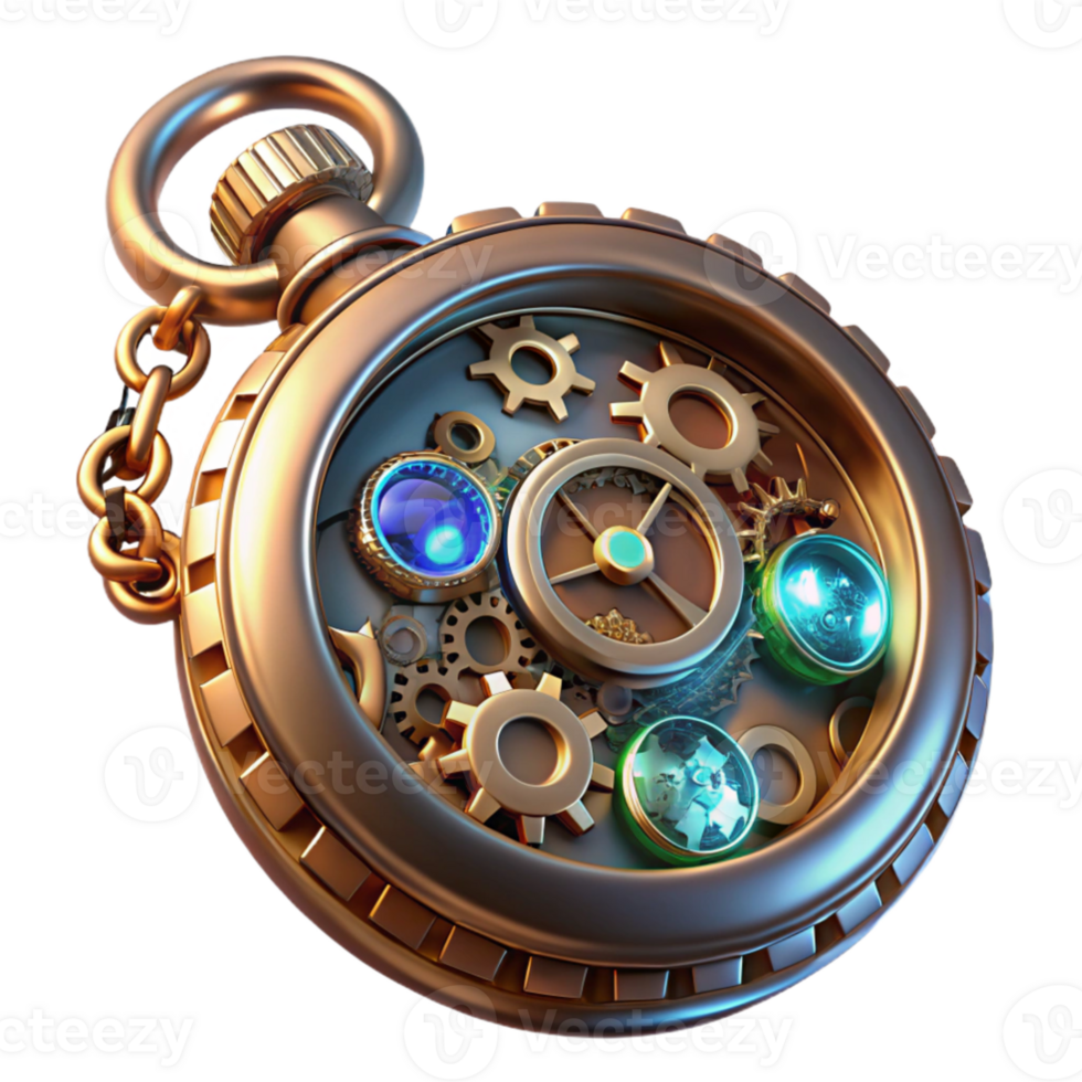 wonderful classic A close up of a steampunk pocket watch, intricate gears and glowing crystals, highly detailed, macro photography style, soft lighting professional png