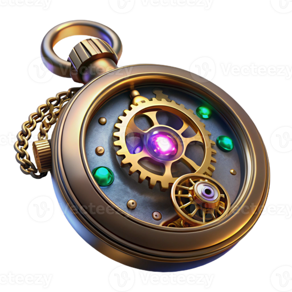 magnificent vintage A close up of a steampunk pocket watch, intricate gears and glowing crystals, highly detailed, macro photography style, soft lighting authentic png
