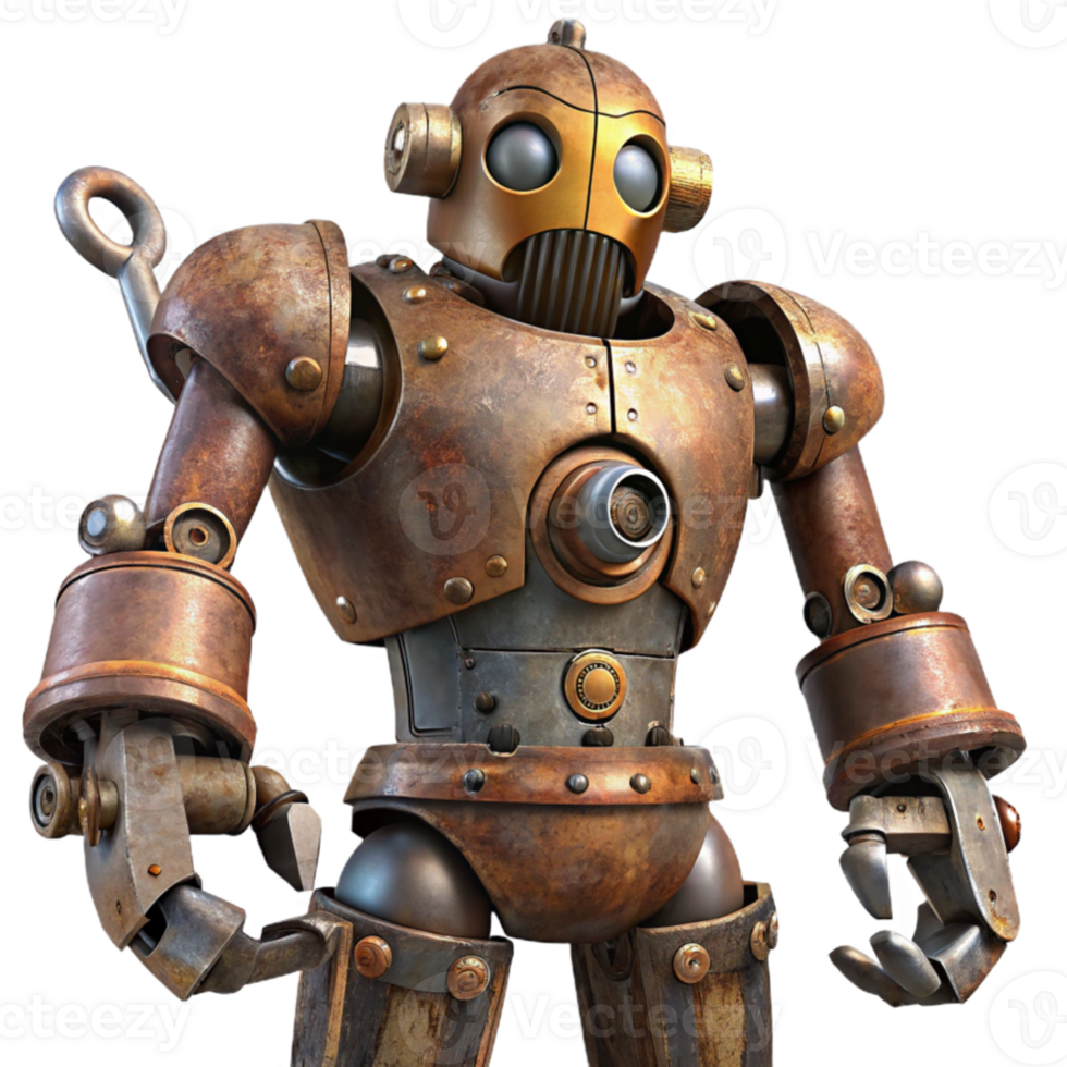 vibrant modern A colossal steampunk robot, rusted metal and exposed wires, wielding a massive wrench, dramatic lighting, gritty and realistic style professional png