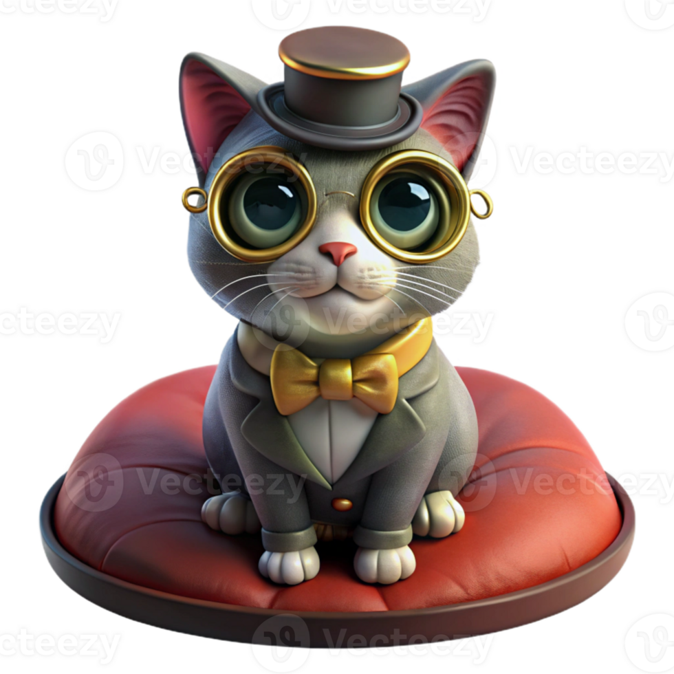 magnificent contemporary A portrait of a steampunk cat wearing goggles and a tiny top hat, sitting on a velvet cushion, warm, inviting lighting, hyperrealistic style genuine png