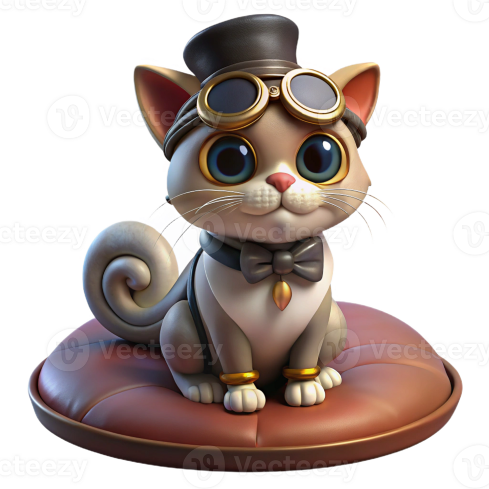 magnificent rustic A portrait of a steampunk cat wearing goggles and a tiny top hat, sitting on a velvet cushion, warm, inviting lighting, hyperrealistic style original png