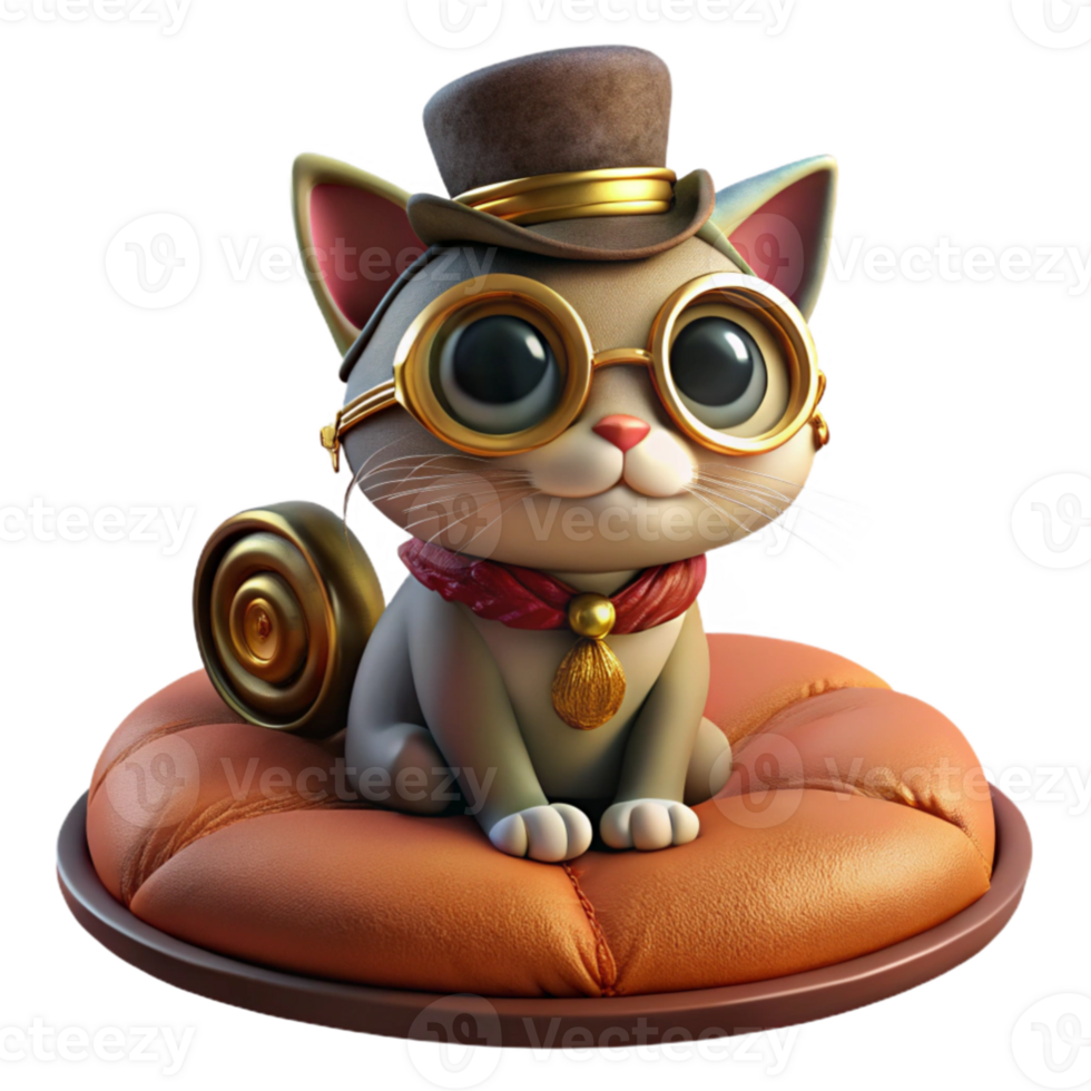 magnificent modern A portrait of a steampunk cat wearing goggles and a tiny top hat, sitting on a velvet cushion, warm, inviting lighting, hyperrealistic style 4K png