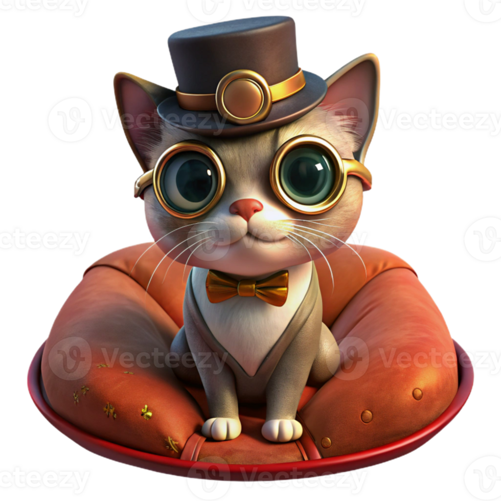 extraordinary modern A portrait of a steampunk cat wearing goggles and a tiny top hat, sitting on a velvet cushion, warm, inviting lighting, hyperrealistic style high quality png