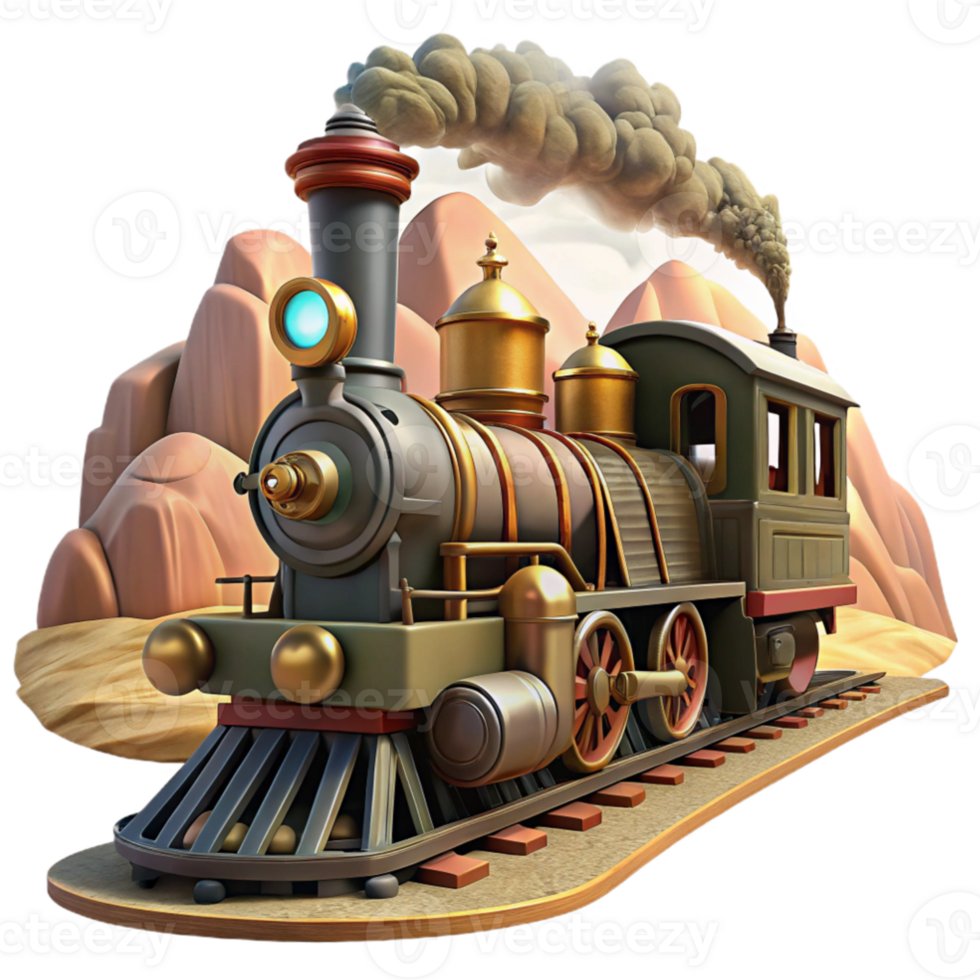 extraordinary artistic A steampunk train speeding through a desert landscape, billowing steam, brass and copper details, dynamic lighting, cinematic style professional png