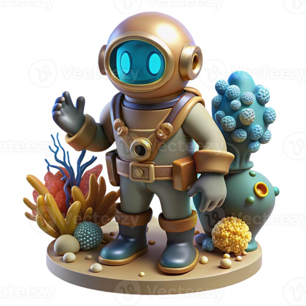 dramatic abstract A steampunk diver in a brass diving suit, exploring a coral reef filled with bioluminescent creatures, underwater lighting, fantasy style original png