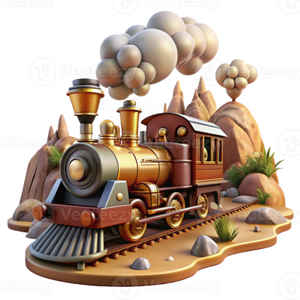 serene modern A steampunk train speeding through a desert landscape, billowing steam, brass and copper details, dynamic lighting, cinematic style high resolution png