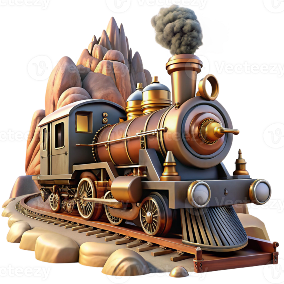 elegant rustic A steampunk train speeding through a desert landscape, billowing steam, brass and copper details, dynamic lighting, cinematic style original png