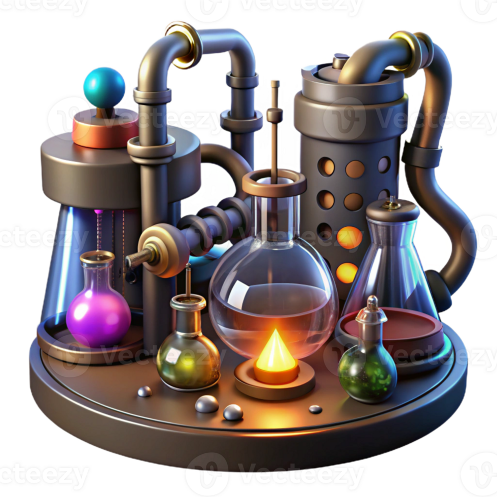 elegant rustic A steampunk laboratory filled with bubbling beakers, strange devices, and glowing tubes, dimly lit, mysterious atmosphere detailed png