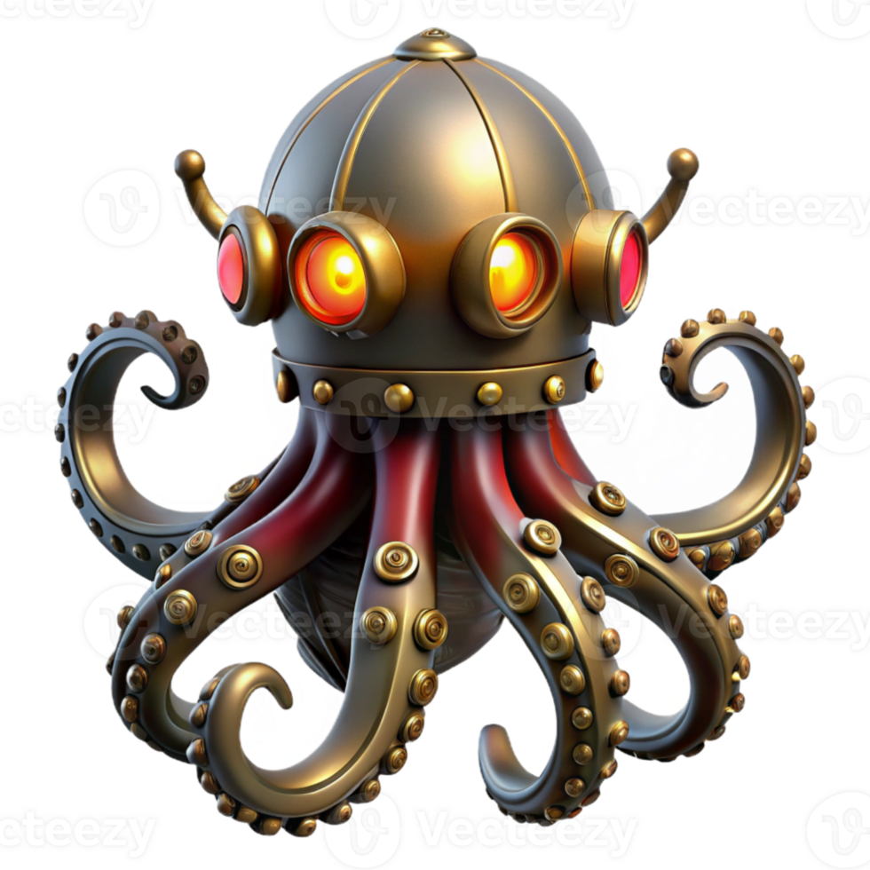 beautiful artistic A steampunk octopus automaton, intricate brass tentacles, glowing red eyes, ominous lighting detailed png